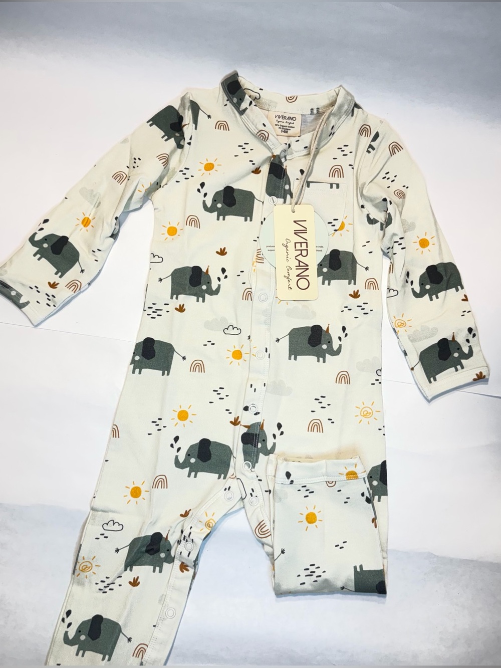Viverano Organic Cotton Long Sleeve Coverall 3-6 Mos Snap Pastel Green Elephant